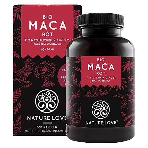 NATURE LOVE Bio Maca - 180 Kapseln - 3000 mg Bio Maca rot pro Tagesdosis - Mit natrlichem Vitamin C, ohne Zustze wie Stearat - Zertifiziert Bio, hochdosiert, vegan, in Deutschland produziert