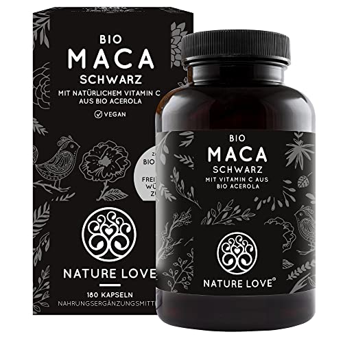 NATURE LOVE Bio Maca Kapseln (schwarz) - 3000mg Bio Maca je Tagesdosis. 180 Kapseln. Mit natrlichem Vitamin C. Ohne Magnesiumstearat. Zertifiziert Bio, hochdosiert, vegan, deutsche Produktion
